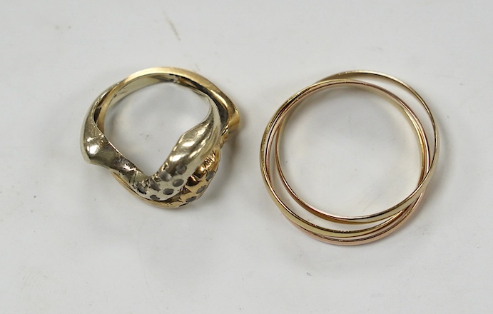 An Italian three colour 750 yellow metal 'Russian' wedding ring, size U/V, 3.6 grams, together with a two colour 9ct gold and gem set two band ring, gross weight 4.4 grams. Condition - poor to fair